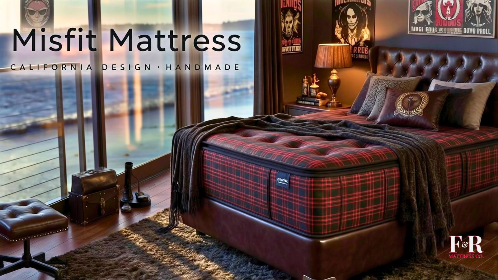 Red plaid MisFit mattress in a moody bedroom
