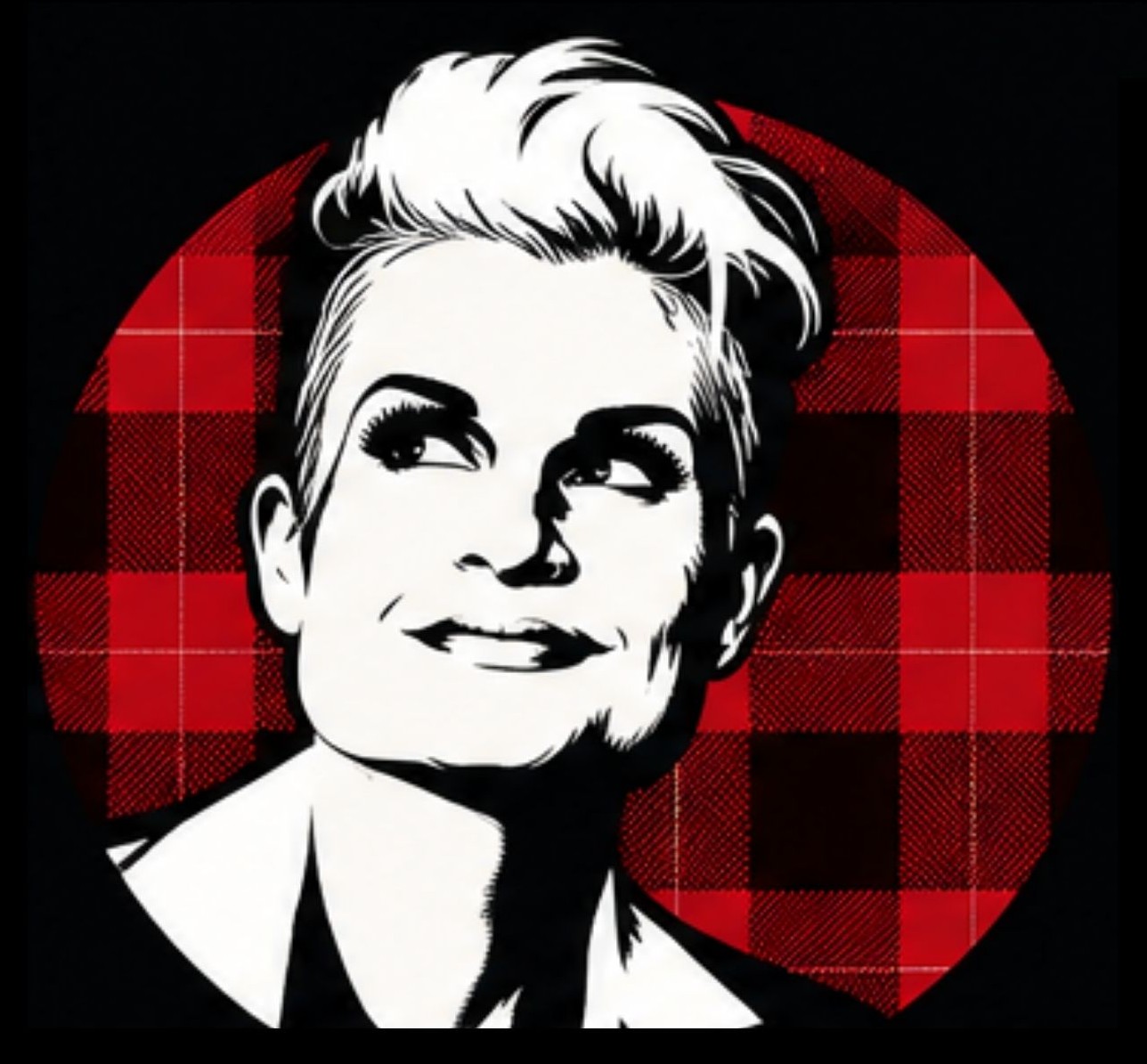 Illustrated portrait of Marlena, aka MisFit, on a red plaid circle